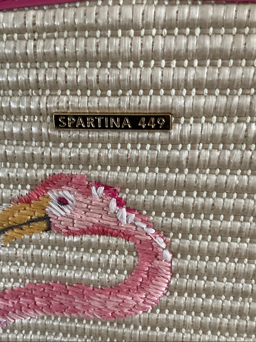 Spartina 449 Pink Flamingo Embroidered Straw Tote with Hot Pink Trim - Picture 2 of 9